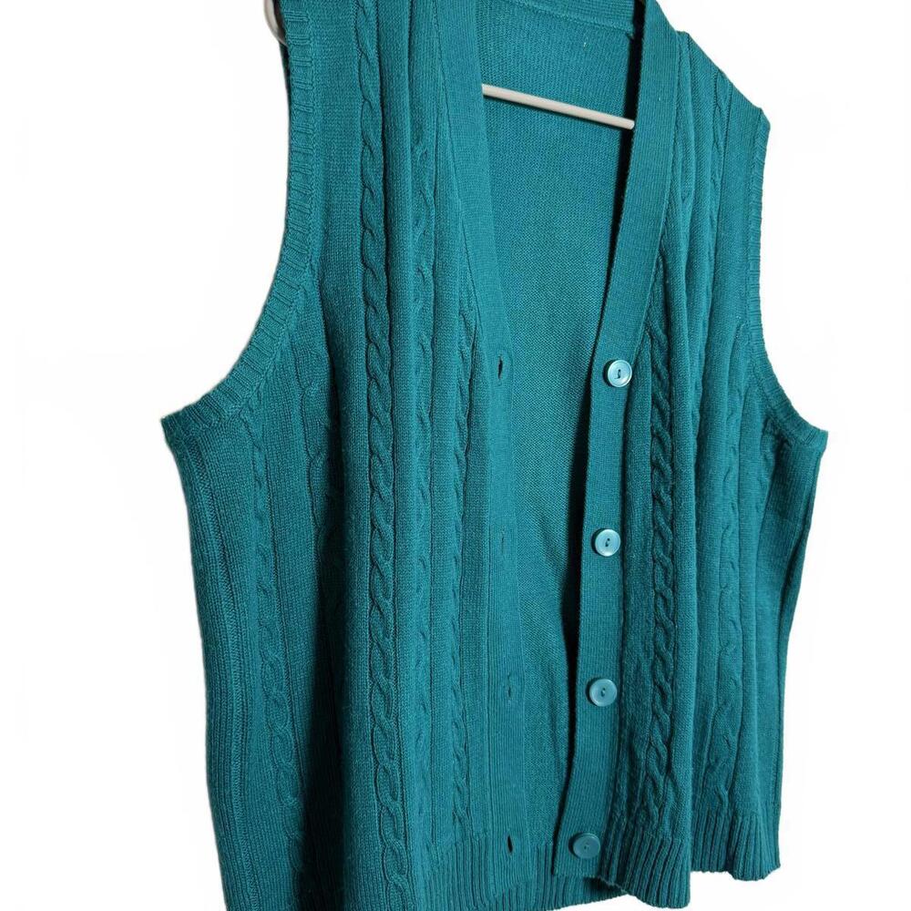 Vintage‎ 90s Teal Cable Knit Sweater Vest with Buttons - Picture 2 of 4